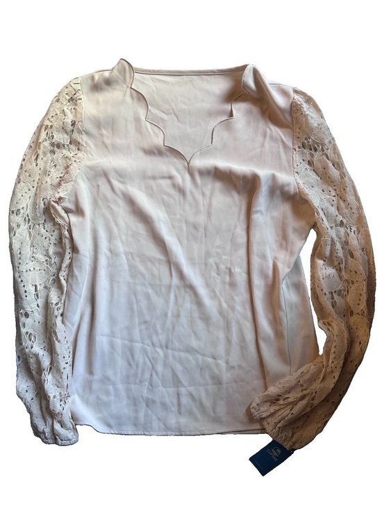 Cupshe Tops - Cupshe Cream Scalloped Neck Lace-Sleeve Blouse